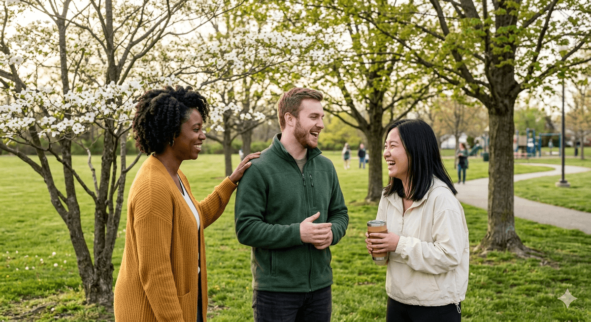 Friends laughing together in a park