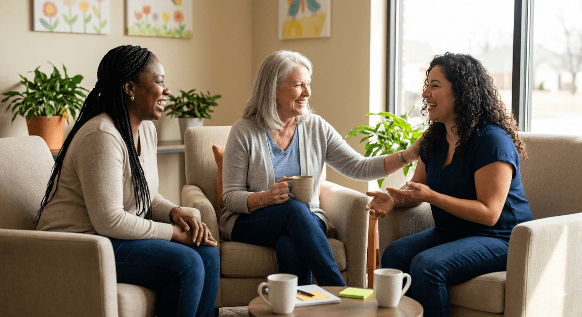 Women laughing together in a warm, supportive setting